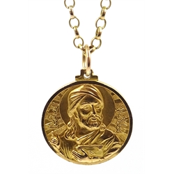  18ct gold Middle Eastern medallion cast with religious portraits and script, stamped 750 on 9ct gold belcher chain necklace stamped 375  