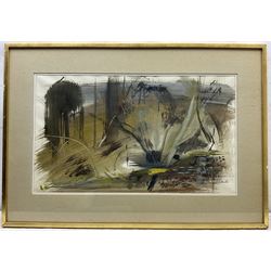 Timothy Gibbs (British 1923-2012): 'Hillside' - Abstract Landscape, mixed media on paper signed and dated '66, titled on exhibition label verso 43cm x 73cm 
Provenance: exh. Leicester Galleries, Cork Street, London September 1969, No.14, label verso