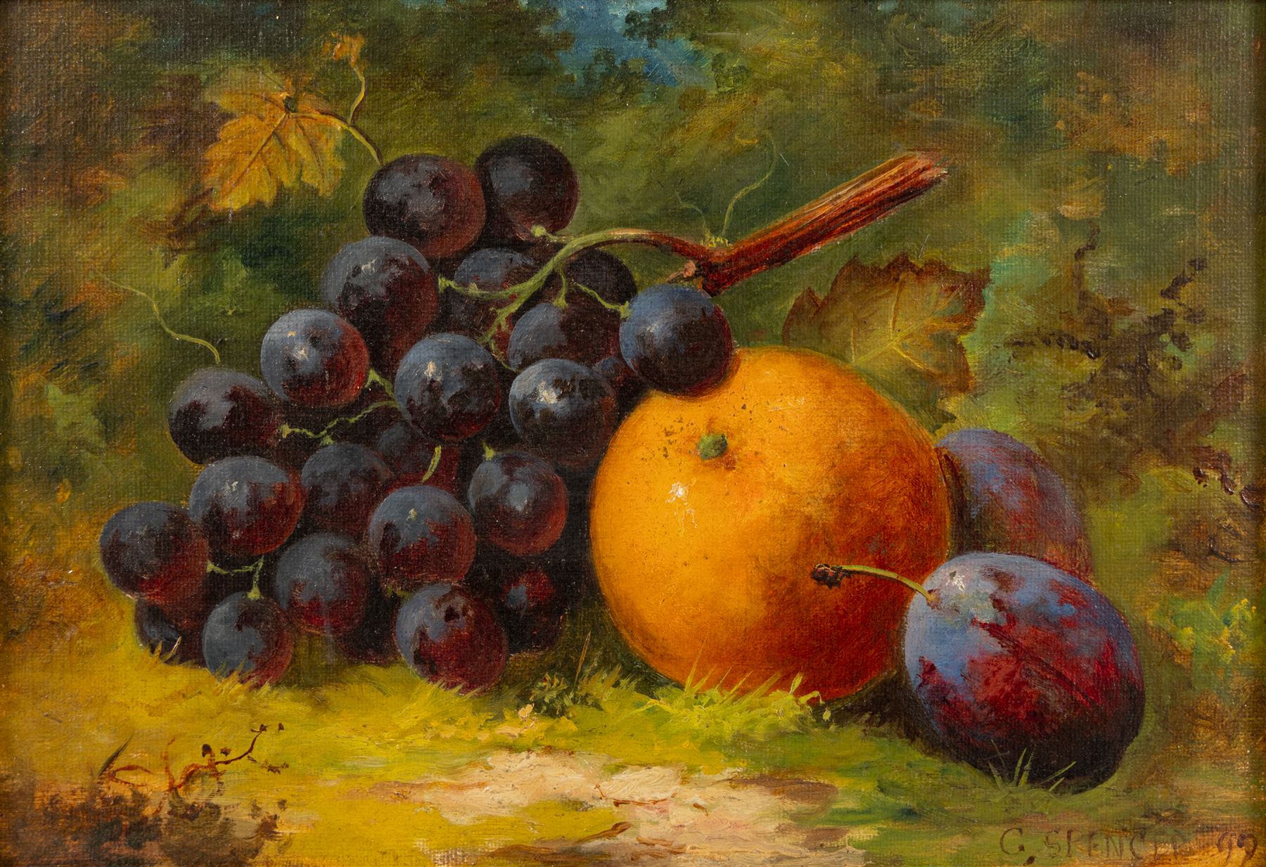 George Spencer (British 19th Century): Still Life of Fruits on a Bed of Grass, pair of oils on canvas board max 16.5cm x 24cm (2)