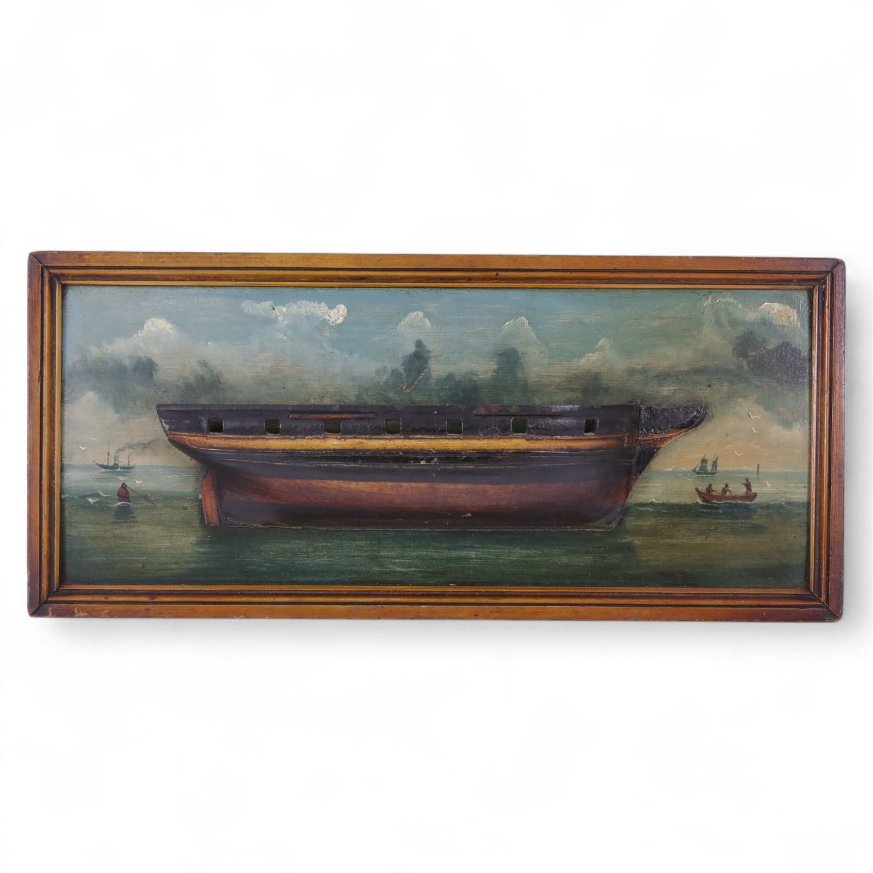 20th century half block diorama of a coble, painted within a seascape beneath a cloudy sky, H24cm, W54cm