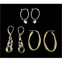 Pair of white gold heart pendant hoop earrings, pair of tri-coloured gold pendant hoop earrings and one other pair, all 9ct