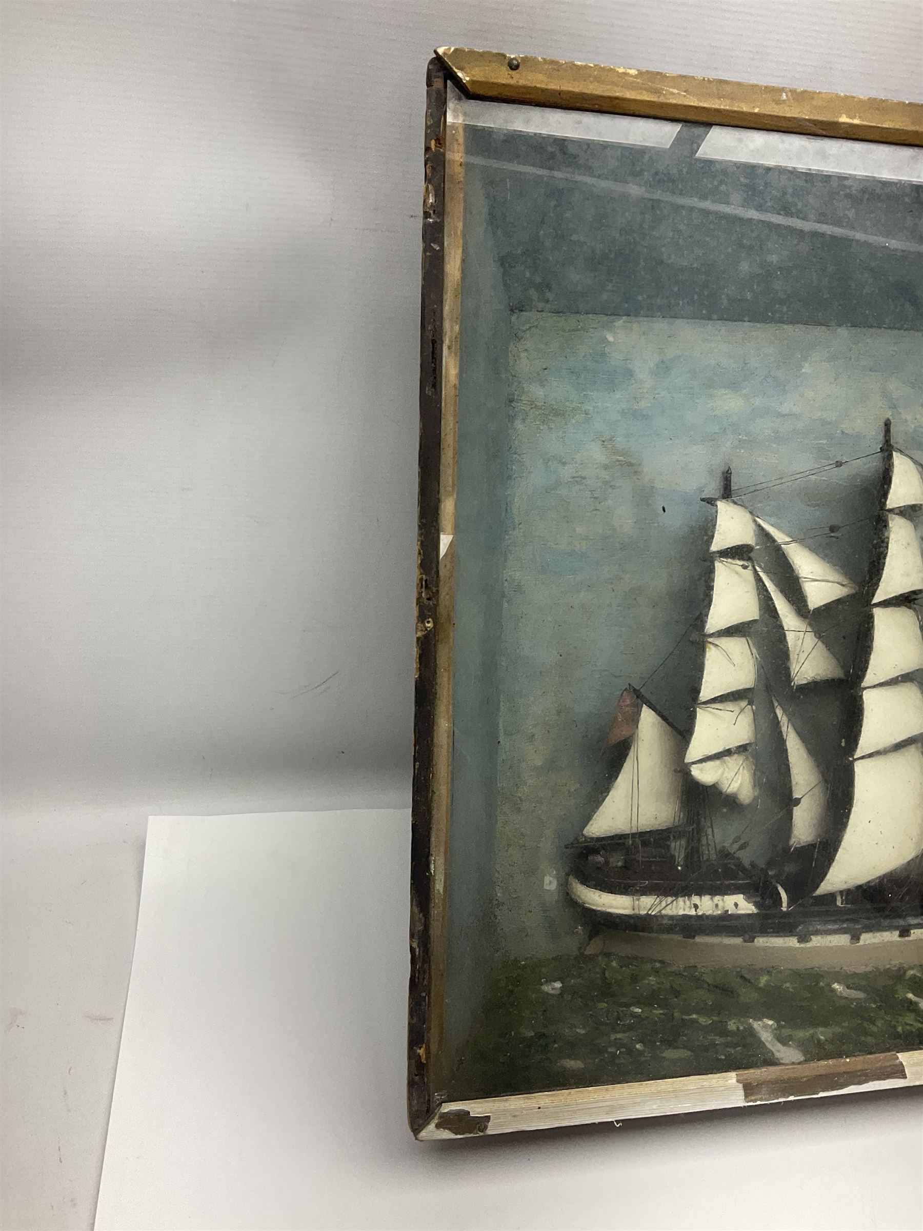Ship Diorama, three-masted clipper at sea against a painted background, H52cm, L87cm