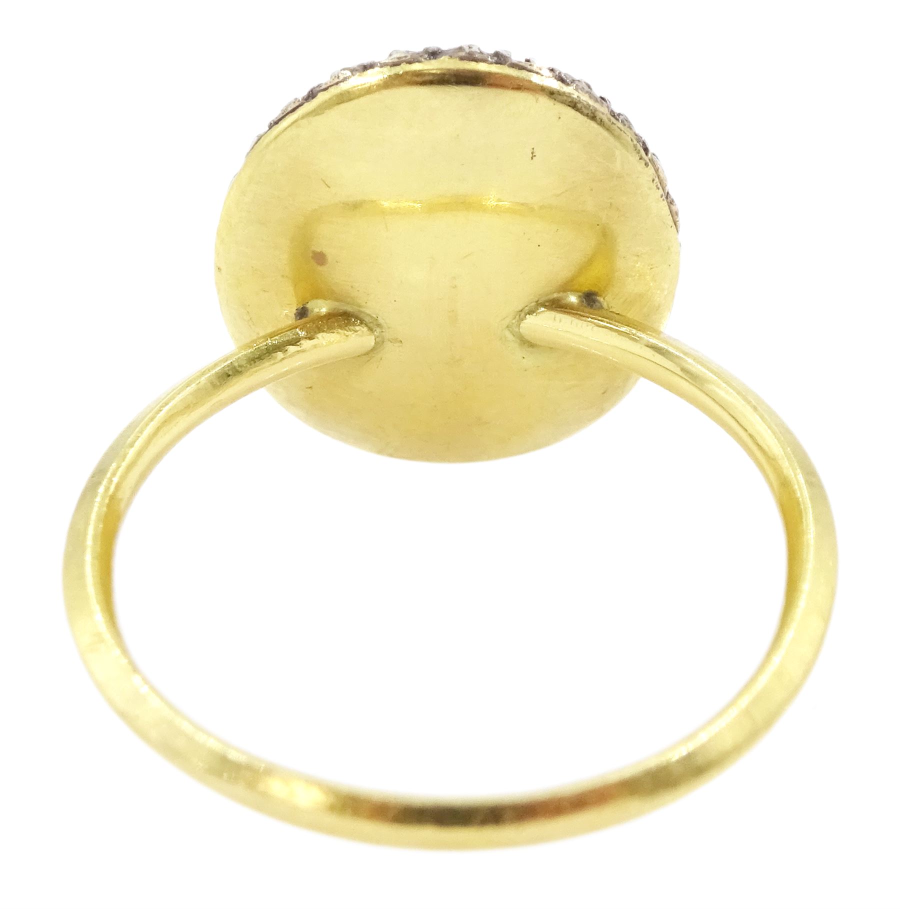 18th / 19th century gold and silver diamond portrait ring, set with an oval miniature of a woman on ivory, under glazed panel, with rose cut diamond surround and angular shank. This lot has been registered for sale under Section 10 of the APHA Ivory Act