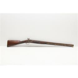 19th century Higham single barrel percussion shotgun, muzzle loader, walnut stock with chequered grip and engraved steel fittings, the 81cm (30