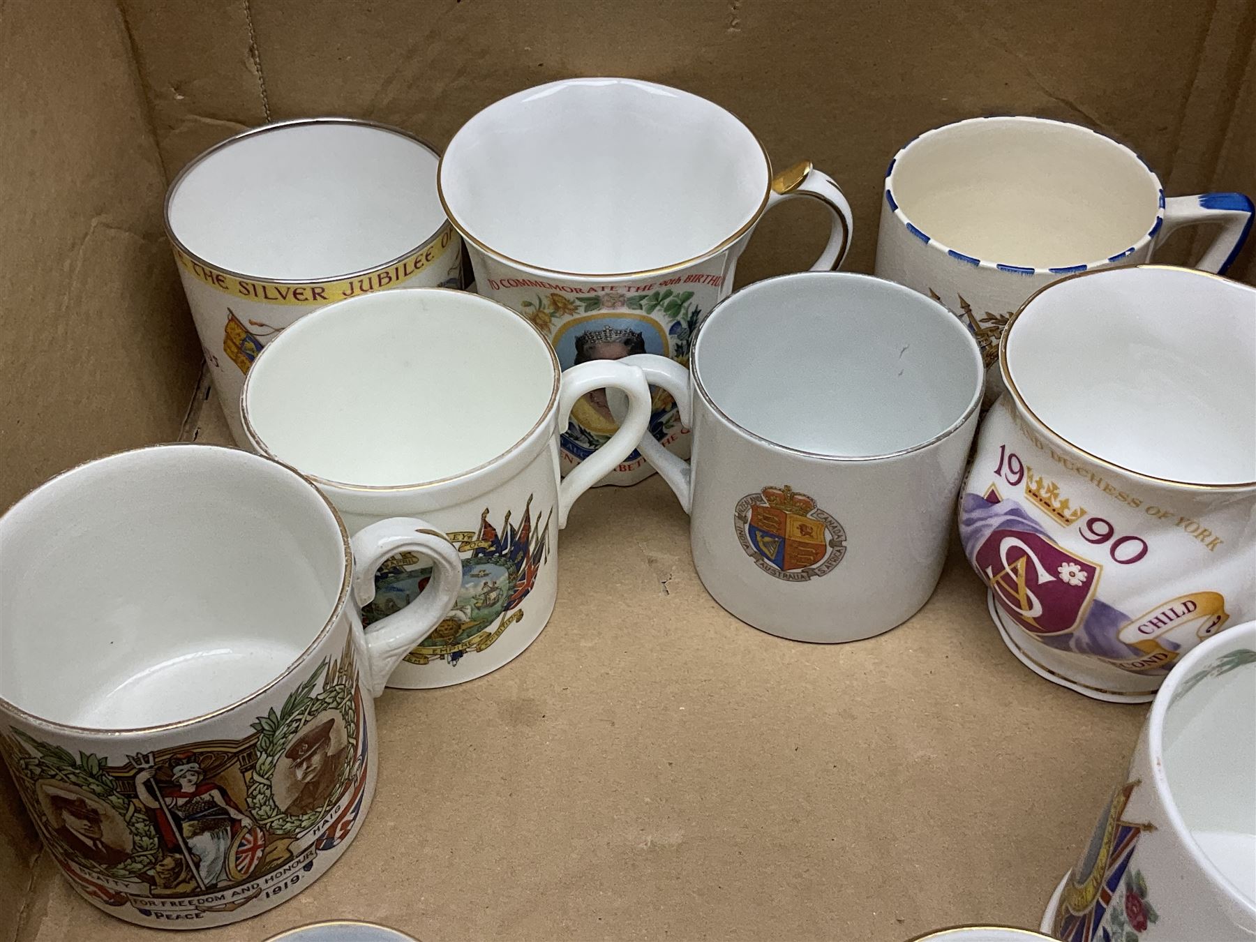 Collection of Victorian and later commemorative mugs, to include Queen Victoria 1887 Jubilee cup, Rd No. 64761, Royal Doulton Victory and Peace mug, 1919, Rd 666159, Royal Doulton King Edward VII blue transfer coronation, Royal Doulton 1937 George Coronation, Harrods Limited Rulers Of An Empire on Which The Sun Never Sets, Royal Worcester Victory in the Gulf, two Shelley examples, Spode limited edition Queen Elizabeth II Golden Jubilee etc in two boxes