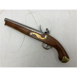 Reproduction non-firing flintlock pistol with brass skull crusher butt, the lock-plate inscribed 'Tower' and 'GR' L40cm; Sabre Japan Original Bowie Knife in sheath; and Indian embossed nickel two-piece walking cane (3)