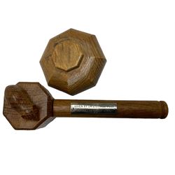 Mouseman - oak gavel and block, the octagonal head with carved mouse signature, the block of octagonal stepped form with baize lined underside, by the workshop of Robert Thompson, Kilburn, L17.5cm