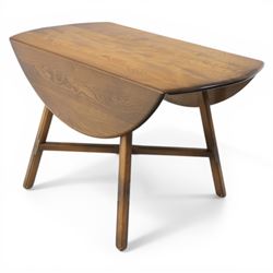 Ercol - elm oval drop leaf table, the oval moulded top with twin hinged leaves, supported on tapering legs with double stretchers (Extends to 124cm)