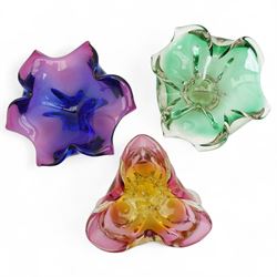 Three Czech bohemian art glass bowls, by Josef Hospodka for Chribska, shaped as flowers with sprawling petals, approx. W22cm (3)