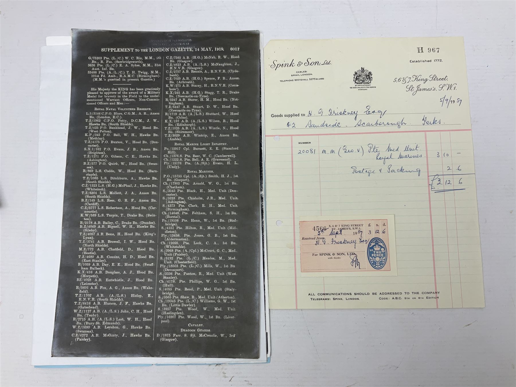WWI Military Medal awarded to S-3957 Pte. W. Wood Med. Unit R.M. as reported in the London Gazette 14th May 1919 for services at 'the British Offensive 1918 Drocort-Queant Line and subsequent Operations' with archive of research information and original bill of purchase from Spink & Son dated 5/9/1957; together with a WWI group of three medals comprising British War Medal, Victory Medal and 1914-15 Star awarded to 1732 Pte. D. Newton R.A.M.C.