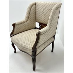 Edwardian inlaid mahogany framed upholstered armchair, pierced splat, cabriole legs