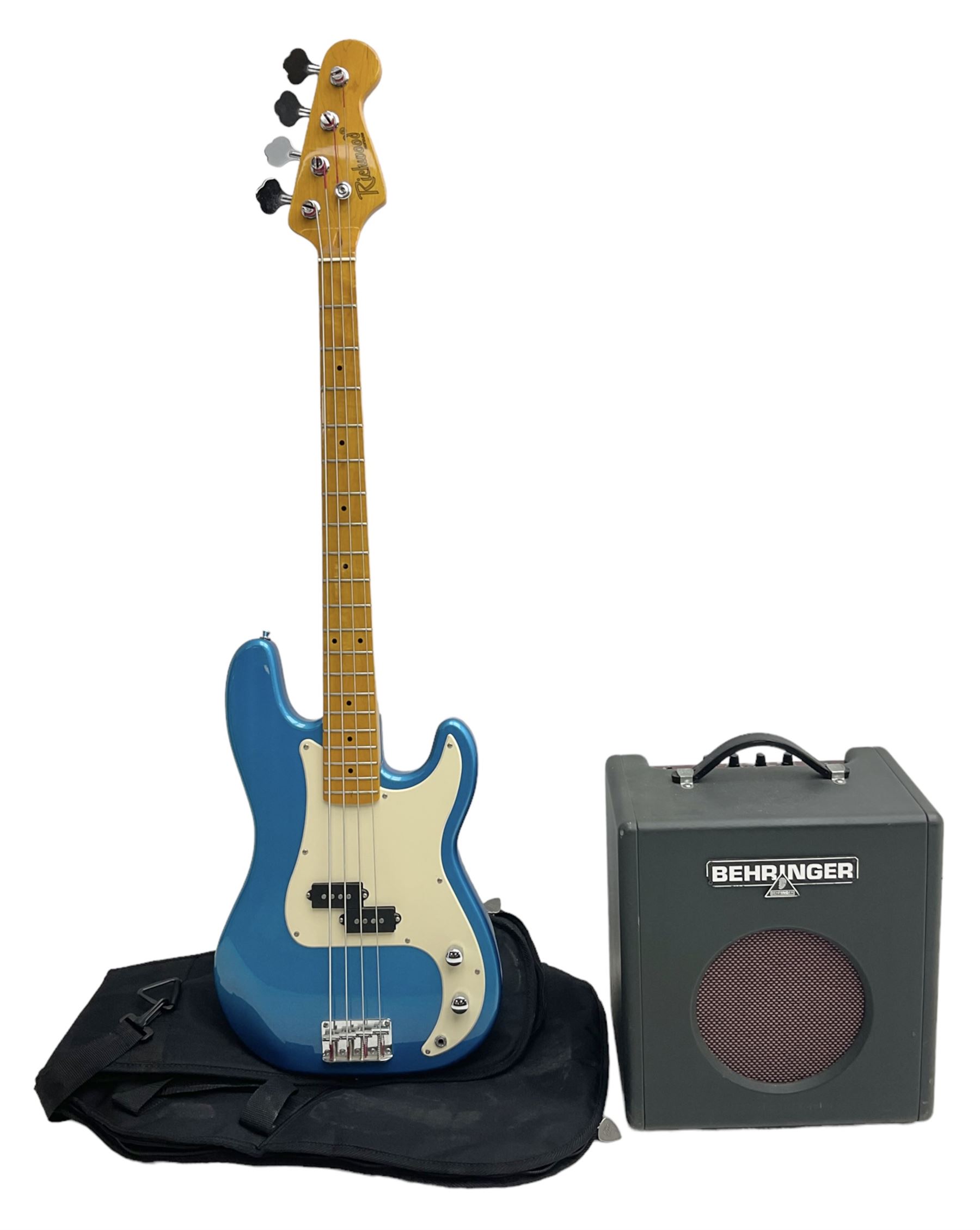 Richwood electric bass guitar in blue, cream and natural finish L117cm; in Fender soft carrying case; together with Behringer Thunderbird Bx108 amplifier date code 0 4 11.
