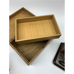 A 19th century oak tea caddy, L25.5cm, together with a further oak box, and a mahogany desk box, with pen tray and hinged cover opening to reveal a letter rack. (3). 