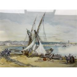 M Watson; Painting on glass, depicting a coastal scene, signed to the bottom left corner and in a wooden frame, H30cm, W35cm 