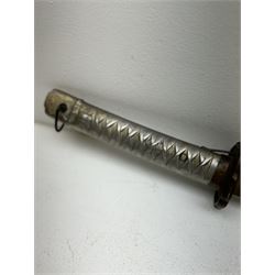 WWII Japanese katana with cast pierced tsuba, the L69cm arsenal steal blade marked 144559, with black lacquer Saya (scabbard), L97cm overall