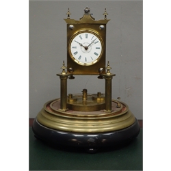  Late 19th century 'Jahresuhrenfabrik' anniversary clock, white enamel Roman dial signed 'D.R. Patent 2437... R.L Patent 2182... U.S Patent 269052', under glass dome on moulded brass and ebonised base, H35cm (including dome)  