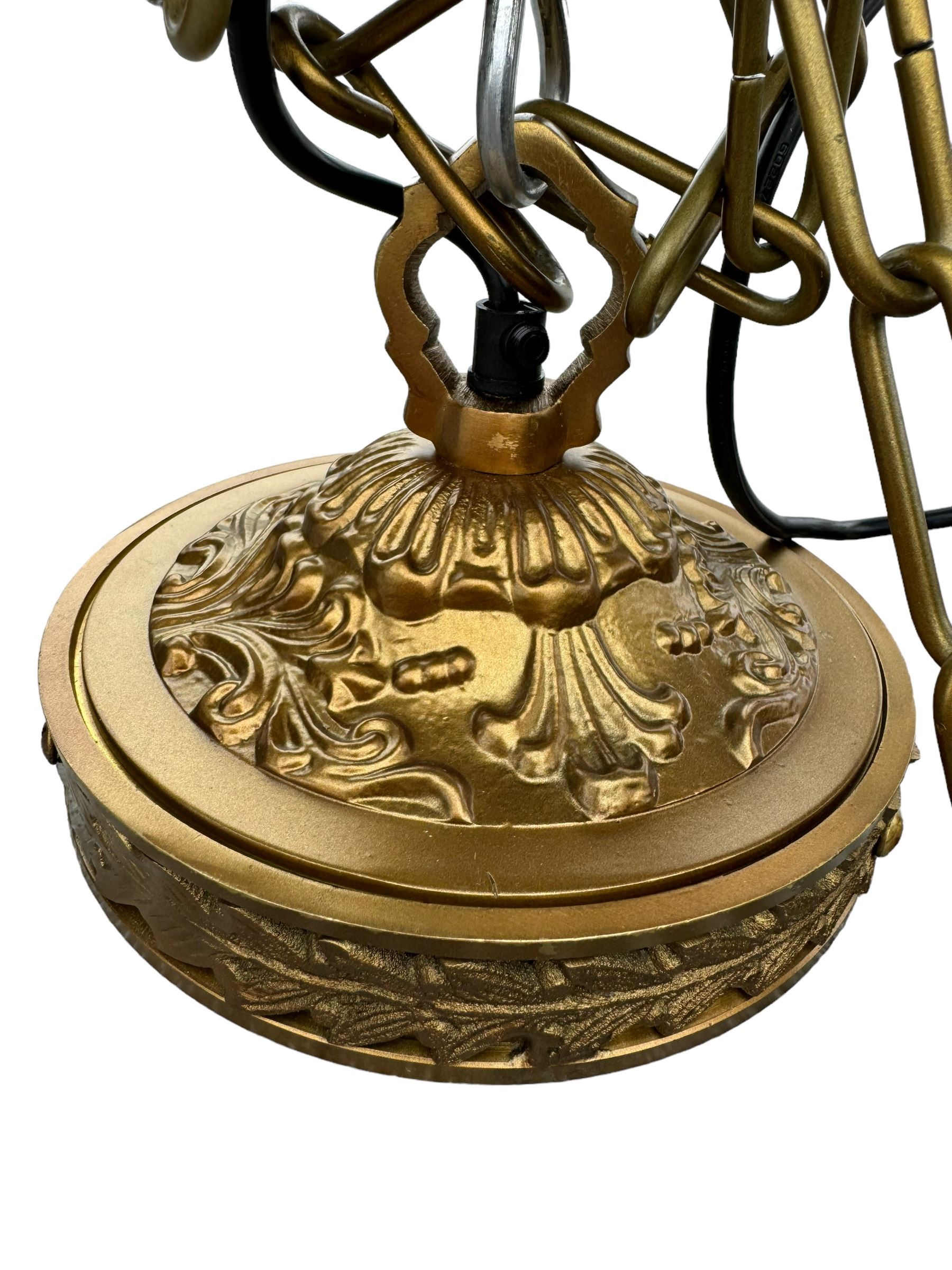 India Jane Interiors - pair of gilt metal and glass spherical ceiling light pendants, decorated with glass beads and pendants, foliage cast metal upper band, mounted by lower finial - ex-display/bankruptcy stock 