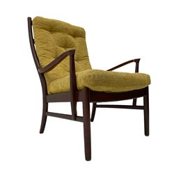 Parker Knoll - 1960s/70s stained beech framed armchair, upholstered in pale buttoned fabric