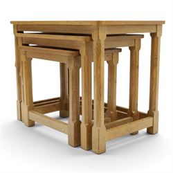 Mouseman - nest of three oak occasional tables, rectangular adzed top, on octagonal supports united by plain stretchers, each carved with mouse signature, by the workshop of Robert Thompson of Kilburn