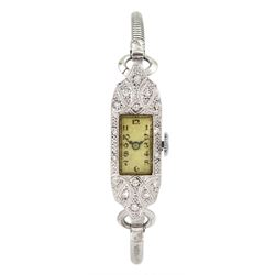 Art Deco 9ct gold ladies diamond set manual wind wristwatch, on stainless steel bracelet