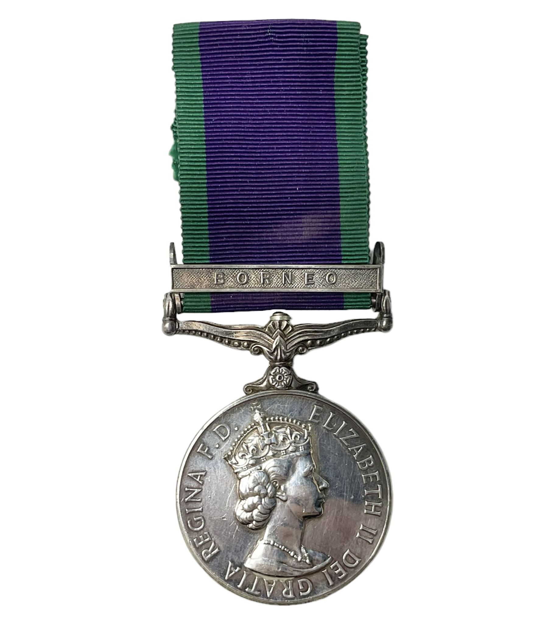 Elizabeth II General Service Medal with Borneo clasp awarded to 23919414 Pte. J.N. McKenna RAOC; with ribbon