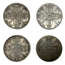 Four Queen Victoria double florin coins, dated three 1887 and 1889 (4)