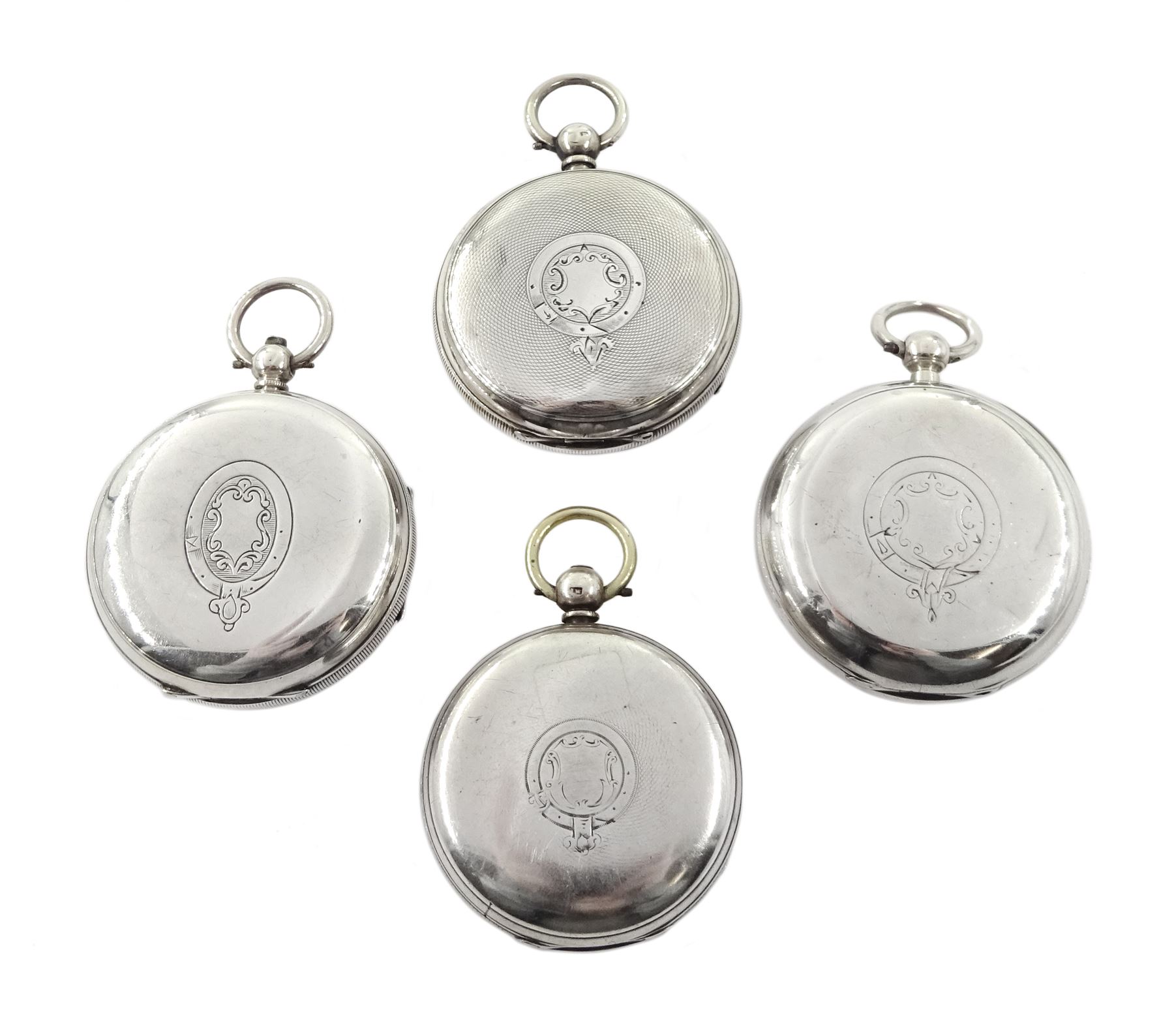 Four Victorian silver open face lever pocket watches, one by W. Hird, Barrow another by J.W. Johnston, Carlisle, two not signed, white enamel dials and a silver dial with Roman numerals and subsidiary and seconds dials, hallmarked (4)