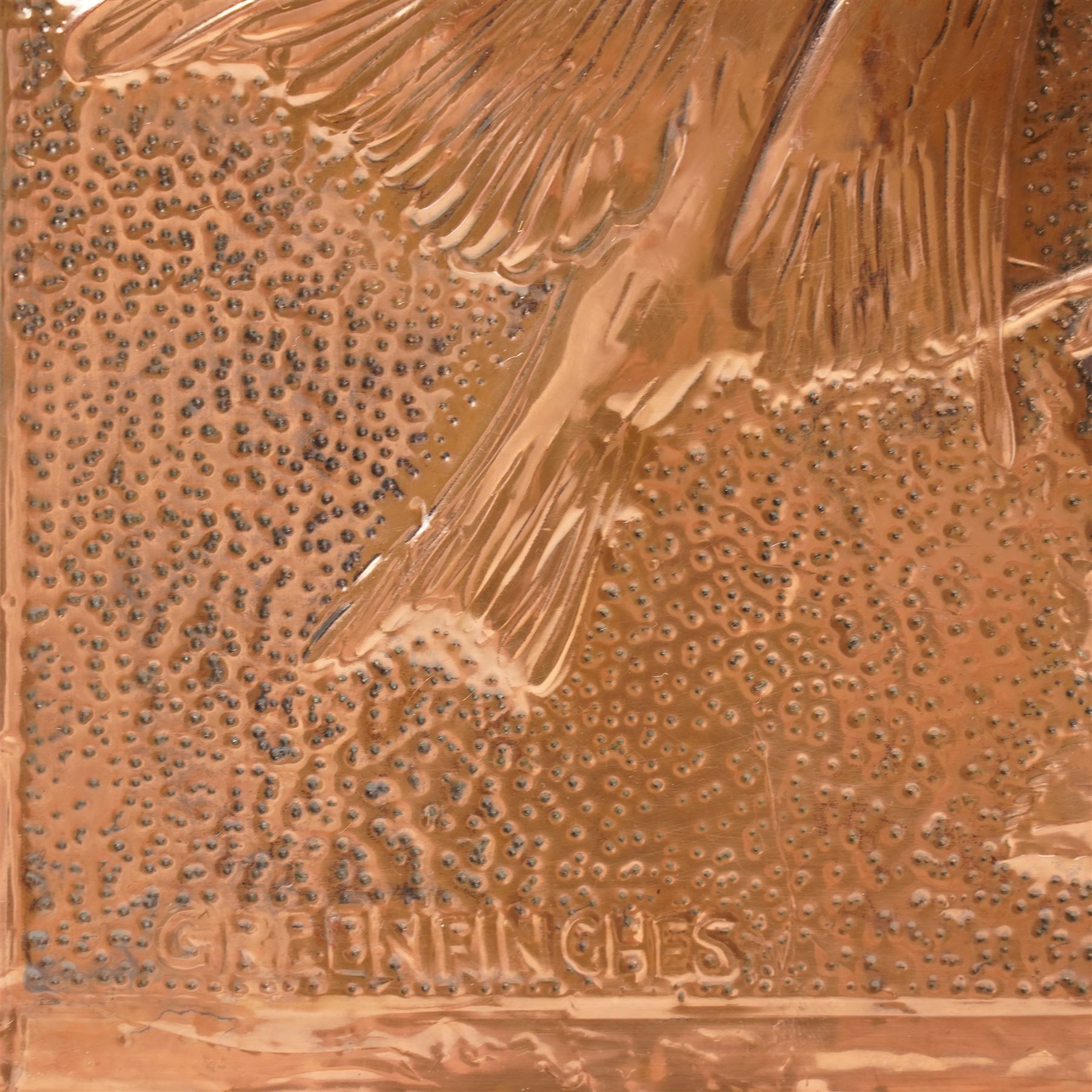 Arts & Crafts style copper panel of 'Greenfinches', signed with initials MJR, 26.5cm x 20cm 
