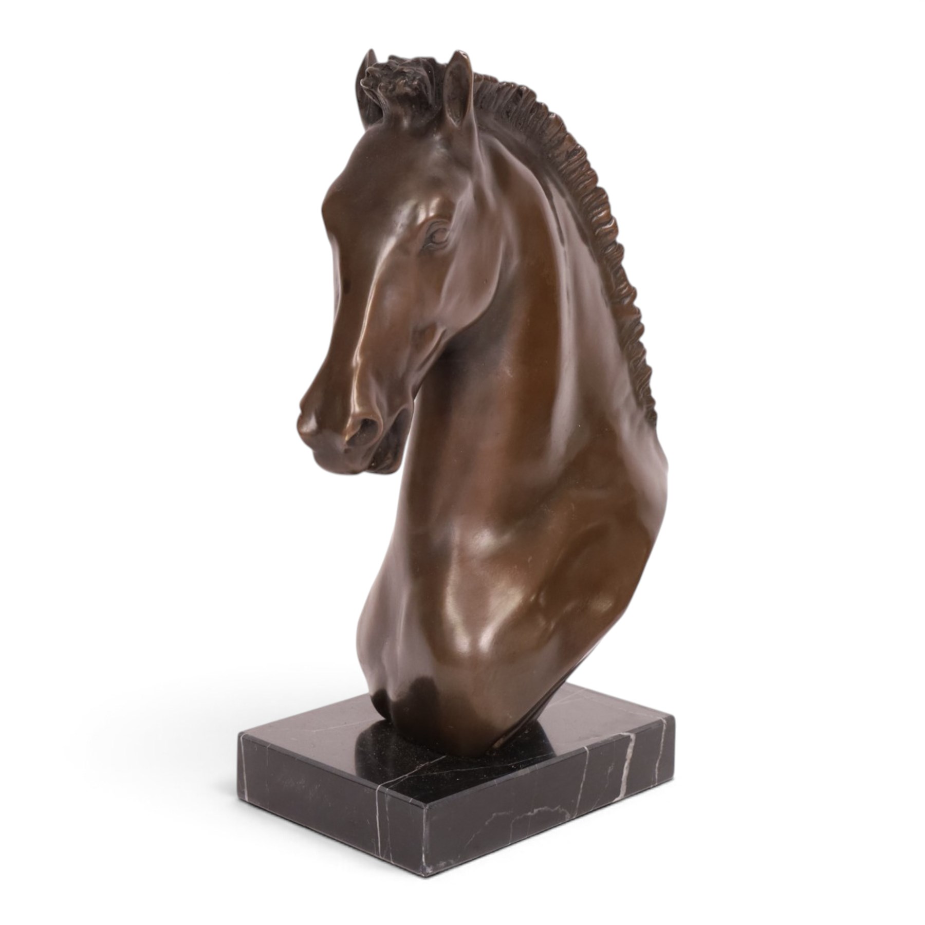  Bronze bust of a horse, upon a rectangular marble base, H33cm