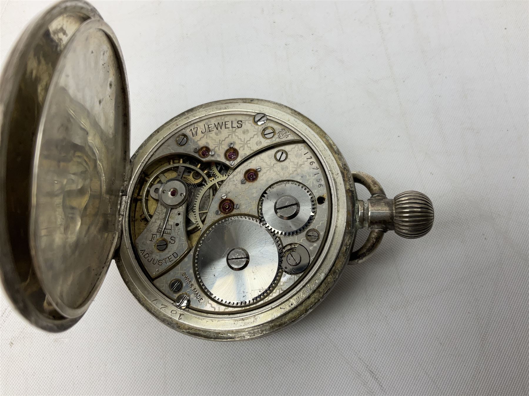 Miniature all nickel 2mm pin fire single shot pistol with engraved grip L4.5cm; together with a .925 silver half hunting cased keyless wind pocket watch inscribed 'Presented to Pte. P. Sizer By No.2 Company 1st Battalion Lincolnshire Regmt For Gallant Conduct Nr. Cork (Ireland) 31.7.20' (2)