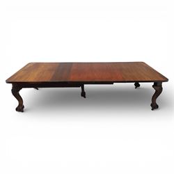 19th century mahogany extending dining table and eight chairs, rectangular top with rounded corners and additional leaves, plain frieze with carved gadrooned edge detail, raised on cabriole supports terminating in ball and claw feet, together with a set of eight mahogany dining chairs including two carvers, the chairs with curved top rails and pierced splats, upholstered drop-in seats, on turned supports

(Table extends to 312cm)