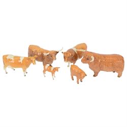 Six Beswick cattle figures, comprising Highland family group; Bull, model 2008, Cow, model 1740 and Calf, model 1827D, Guernsey family group, Bull Champion Sabrina's Sir Richmond 14th, model 1451, Cow, model 1248 and calf model 1249