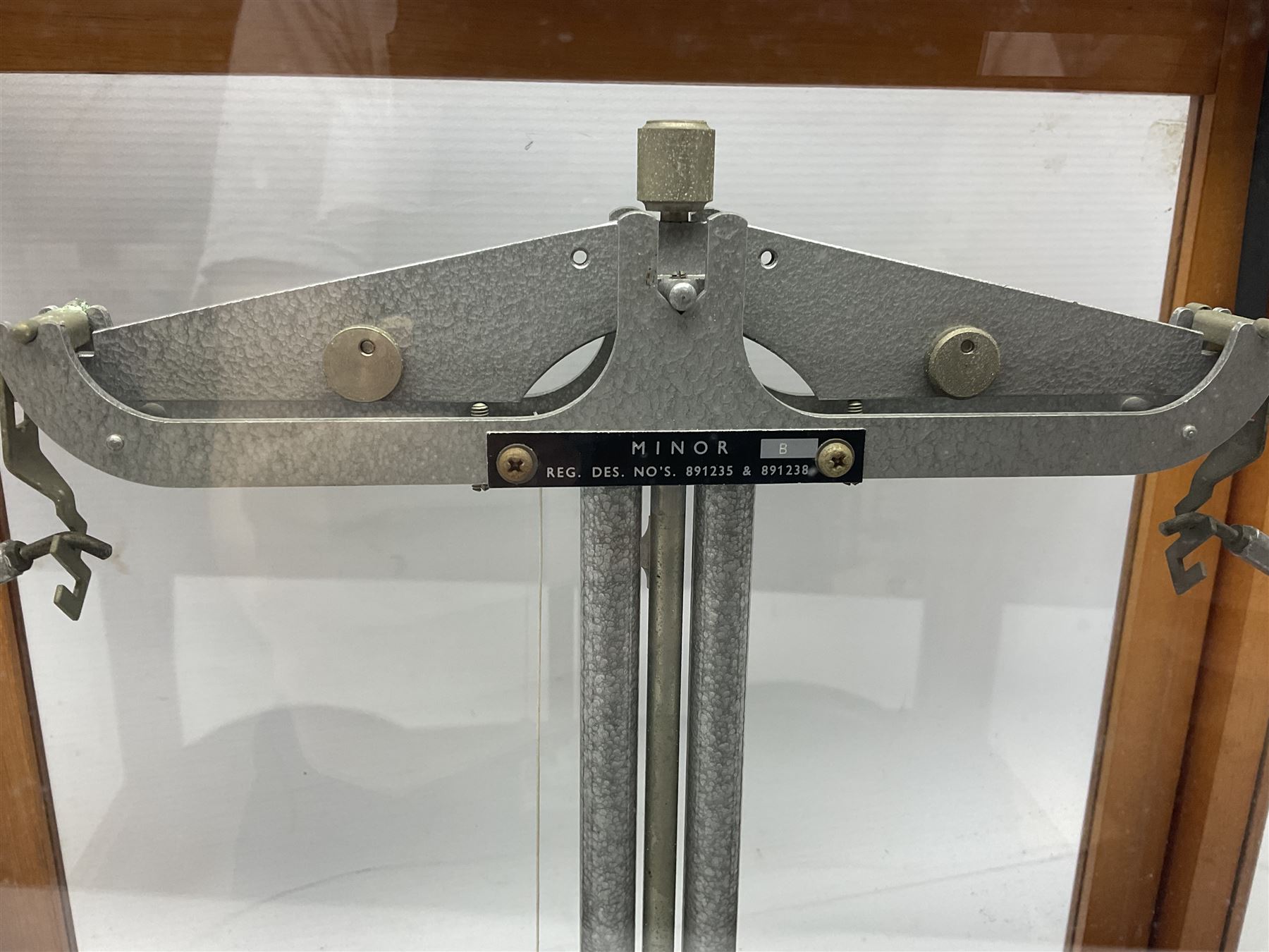 Griffin & George set of laboratory scales in fully glazed hardwood cabinet with rise-and-fall front door L44.5cm H40cm; with beech box of brass weights by Philip Harris & Co Ltd