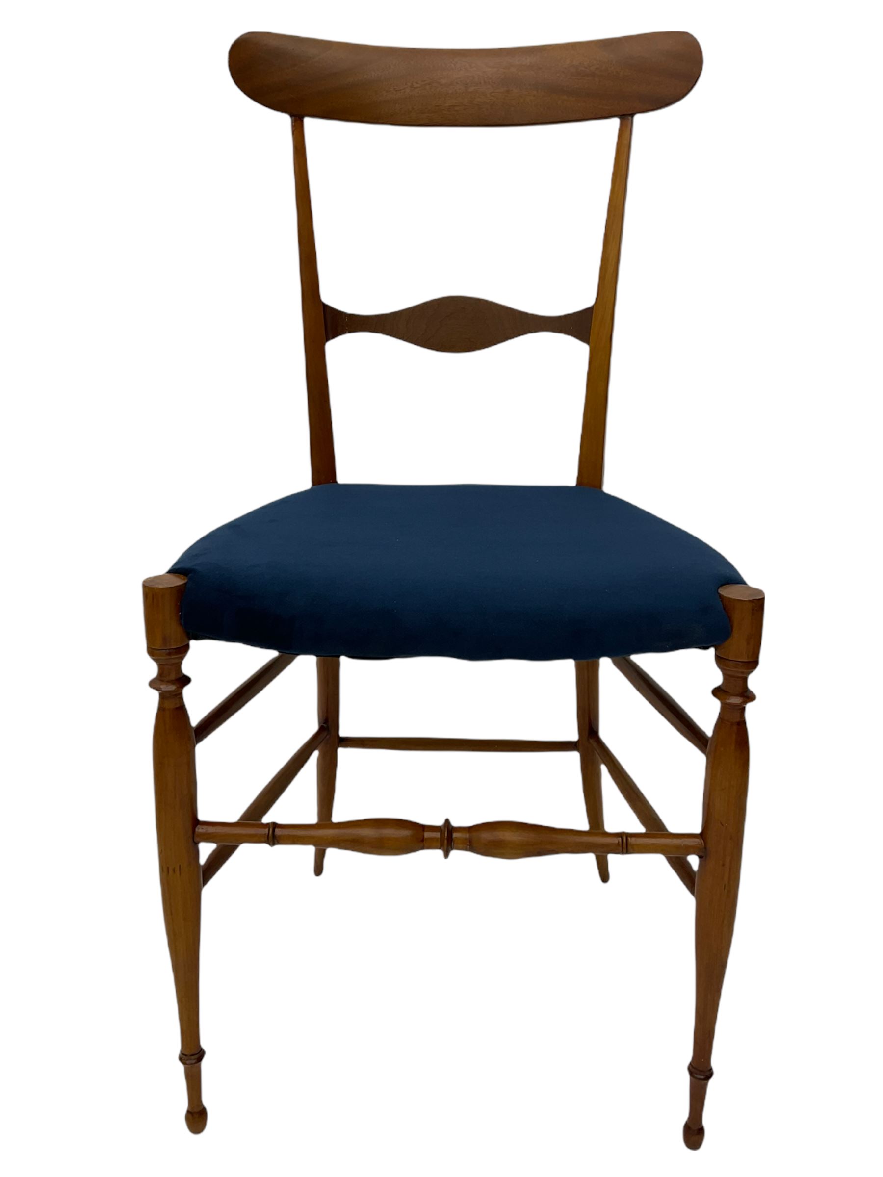 Campanino Chiavari by Fratelli Levaggi - circa. 1950s set eight walnut dining chairs, seats upholstered in blue fabric, 