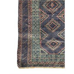 Persian Baluchi prayer rug, decorated with cityscape to one end over three lozenge medallion, geometric design repeating borders