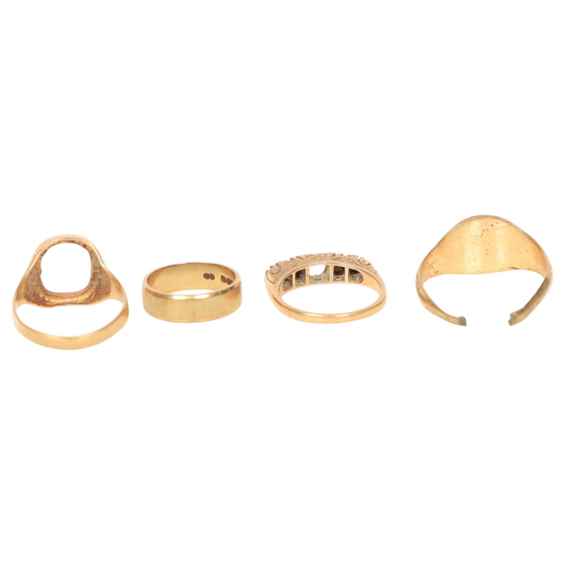 9ct gold rings, including wedding band, two shanks and a stone set ring, together with two 9ct gold stone set stick pins, silver horseshoe stick pin and a piece of silver solder