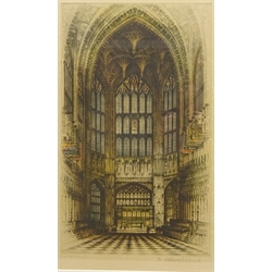  'Henry VII Chapel Westminster Abbey' and 'Burgos Cathedral', two etchings signed and titled in pencil by Edward W Sharland (British 1884-1967) 52cm x 31cm and two further colour prints of Salts Mill, Yorkshire 38cm x 70cm (4)  