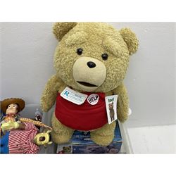 Two Barbie Pink Label Twilight figures in boxes, Ted wacky wobblers in boxes, Minion Dave in box, Toy Story Woody doll etc in two boxes