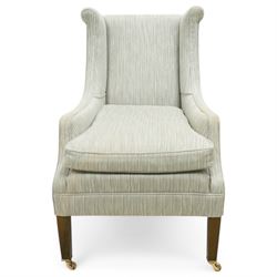 Whitehead designs - Edwardian design 'Tissington' wingback armchair on square tapering feet with castors, upholstered in natural fabric
