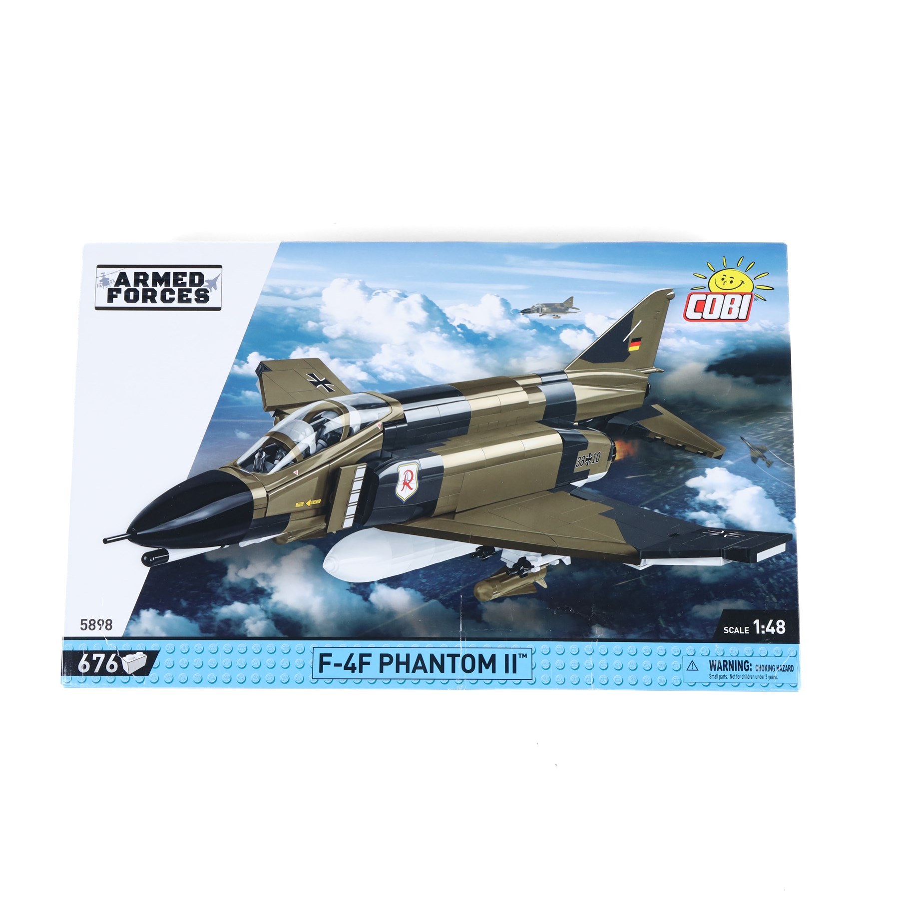 Four Cobi Bricks 1:48 scale Armed Forces sets, comprising no. 5856 A-10 Thunderbolt II Warthog, no. 5849 Eurofighter F2000 Typhoon, no. 5898 F-4F Phantom II and no.5832 F-35 A Lightning II, all in sealed boxes