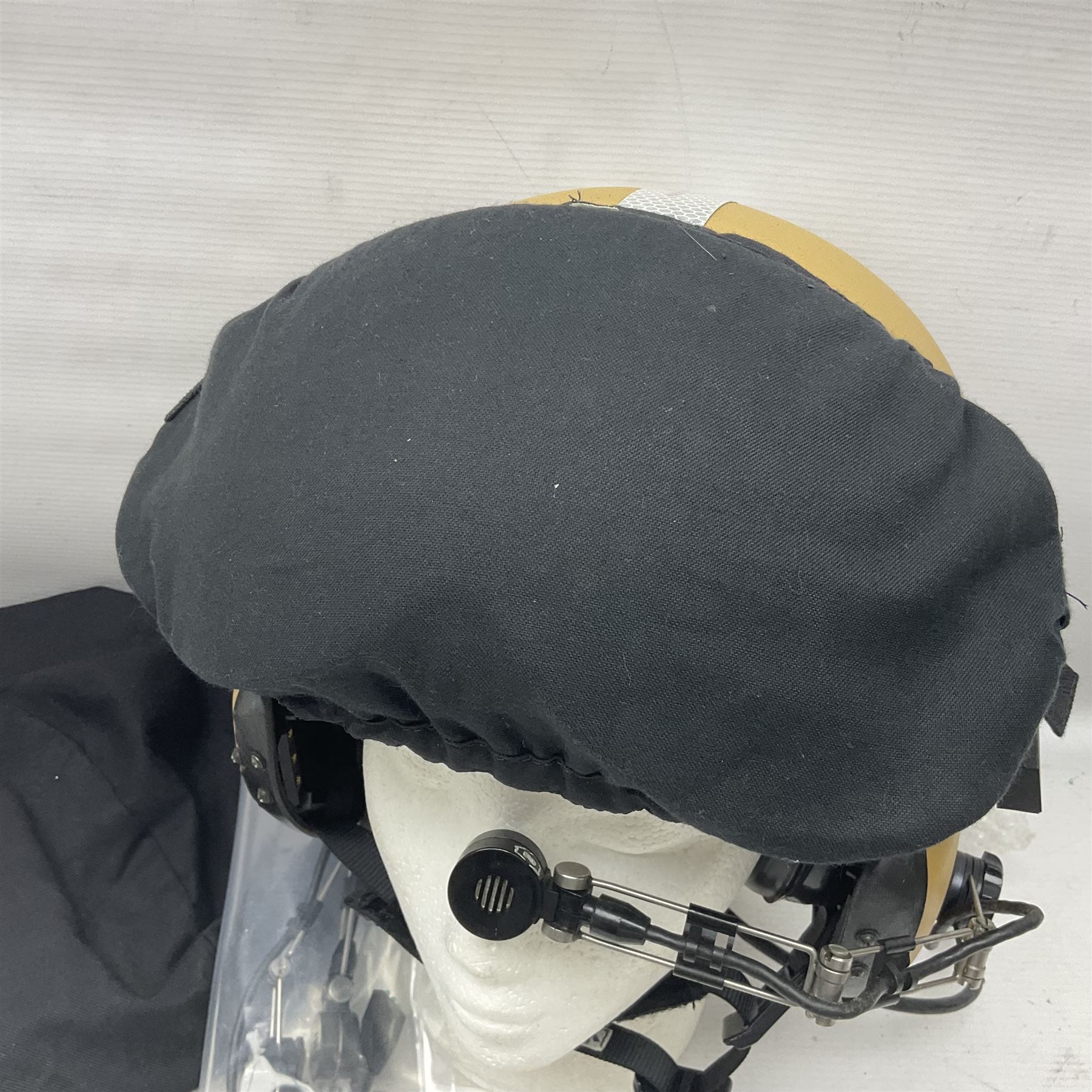 Mk.4 Flight Helmet, as used by RAF and Civilian helicopter pilots; in RAF sand colour (desert use),  fitted with cloth visor cover and working boom mike; has had a complete refit and is bench tested.