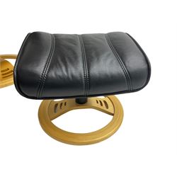 Anderssons of Sweden - mid-20th century design swivel armchair, upholstered black leather, raised on beech U-frame supports with circular base, together with matching footstool 