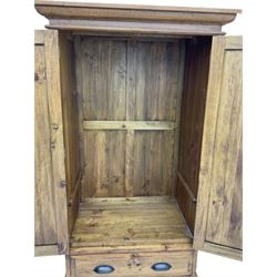 Pine double wardrobe with drawer to base