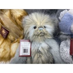 Five Charlie Bears, comprising Chucky Egg CB159030S, and Elwood CB181717, both designed by Heather Lyell, Hodgepodge CB181871A, and Elizabeth CB171752A, both designed by Isabelle Lee, all with tags, and an example CB159011S lacking tag