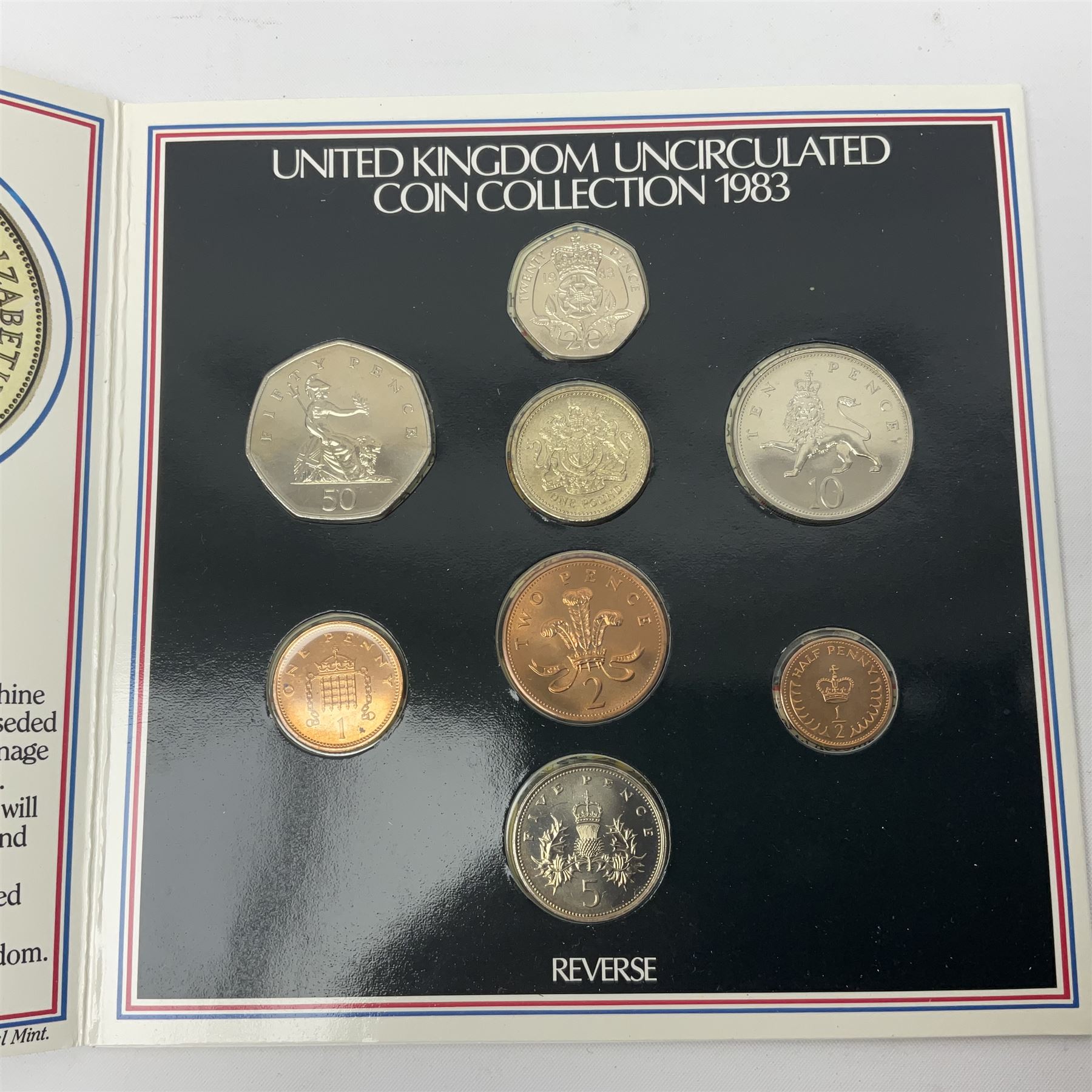 Fourteen Queen Elizabeth II United Kingdom uncirculated coin collections, dated 1983, 1984, two 1985, 1986, 1987, 1988, 1989, 1990, 1991, 1992 including dual dated 1992/1993 EEC fifty pence, 1994 and two 1995, all in card folders