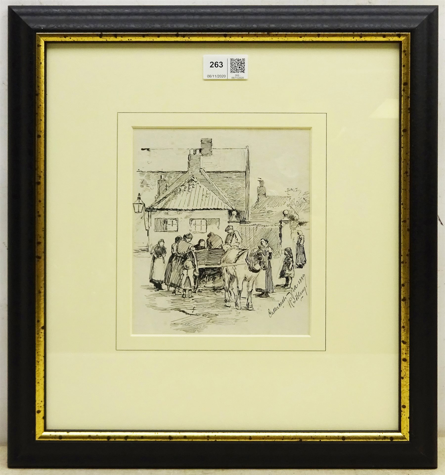 Robert Jobling (Staithes Group 1841-1923): 'Cullercoats' figures gathered round a horse and cart, pen and ink signed titled and dated 1889, 18cm x 15cm
Provenance: with T.B. & R. Jordan Fine Art Specialists Yarm, label verso