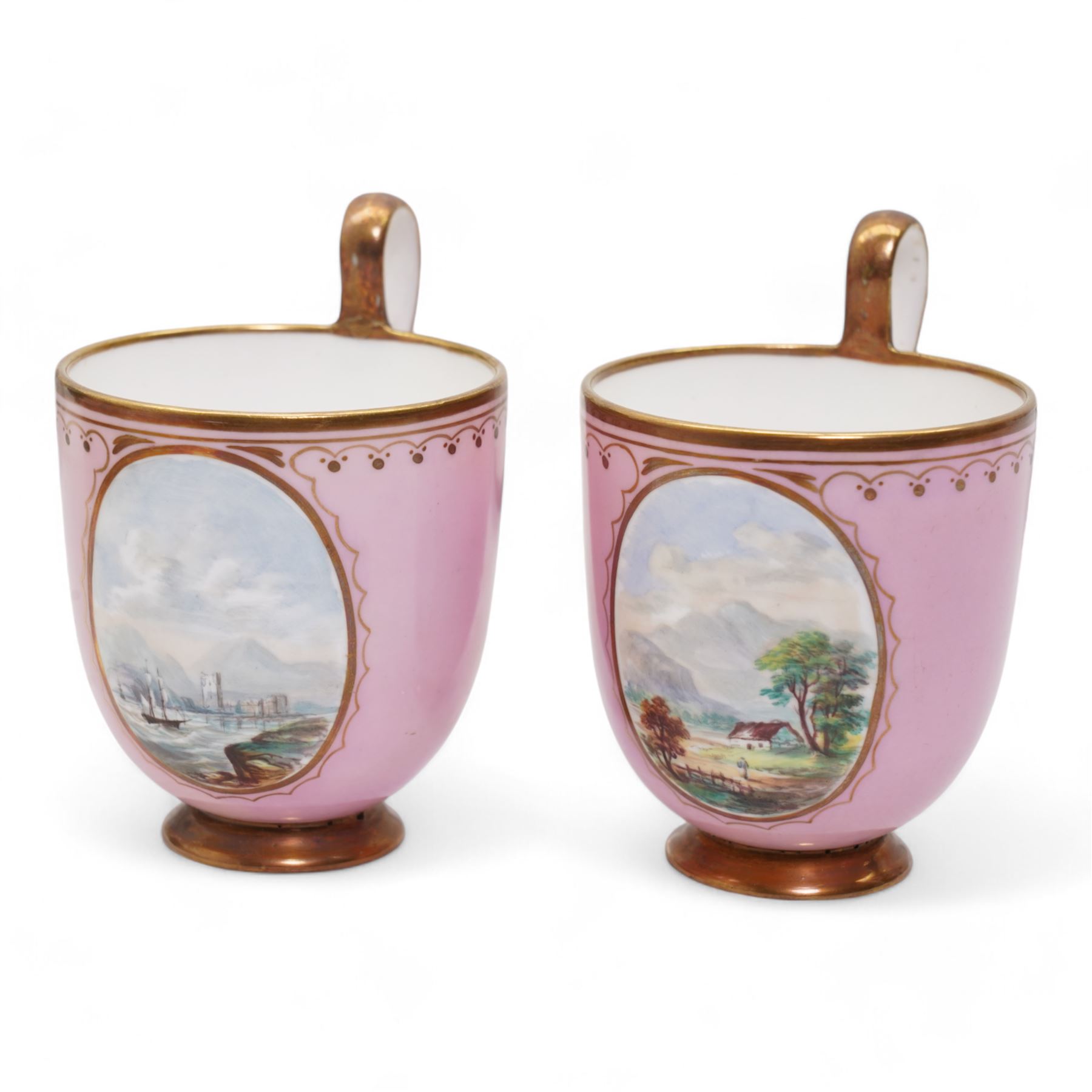 Two porcelain trios by James Bell, Glasgow, each painted with panels of Scottish landscapes, within gilt borders on pink ground, Newhall bute shape teacup, decorated in the Mother and Child pattern, Thomas Wolfe silver lustre teapot and circular dish, together with a Derby cup and saucer 