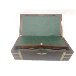  19th century Officers mahogany brass bound campaign writing box, fitted interior with four concealed drawers and side drawer, recessed carry handles, W51cm, H17cm, D26cm MAO0107  