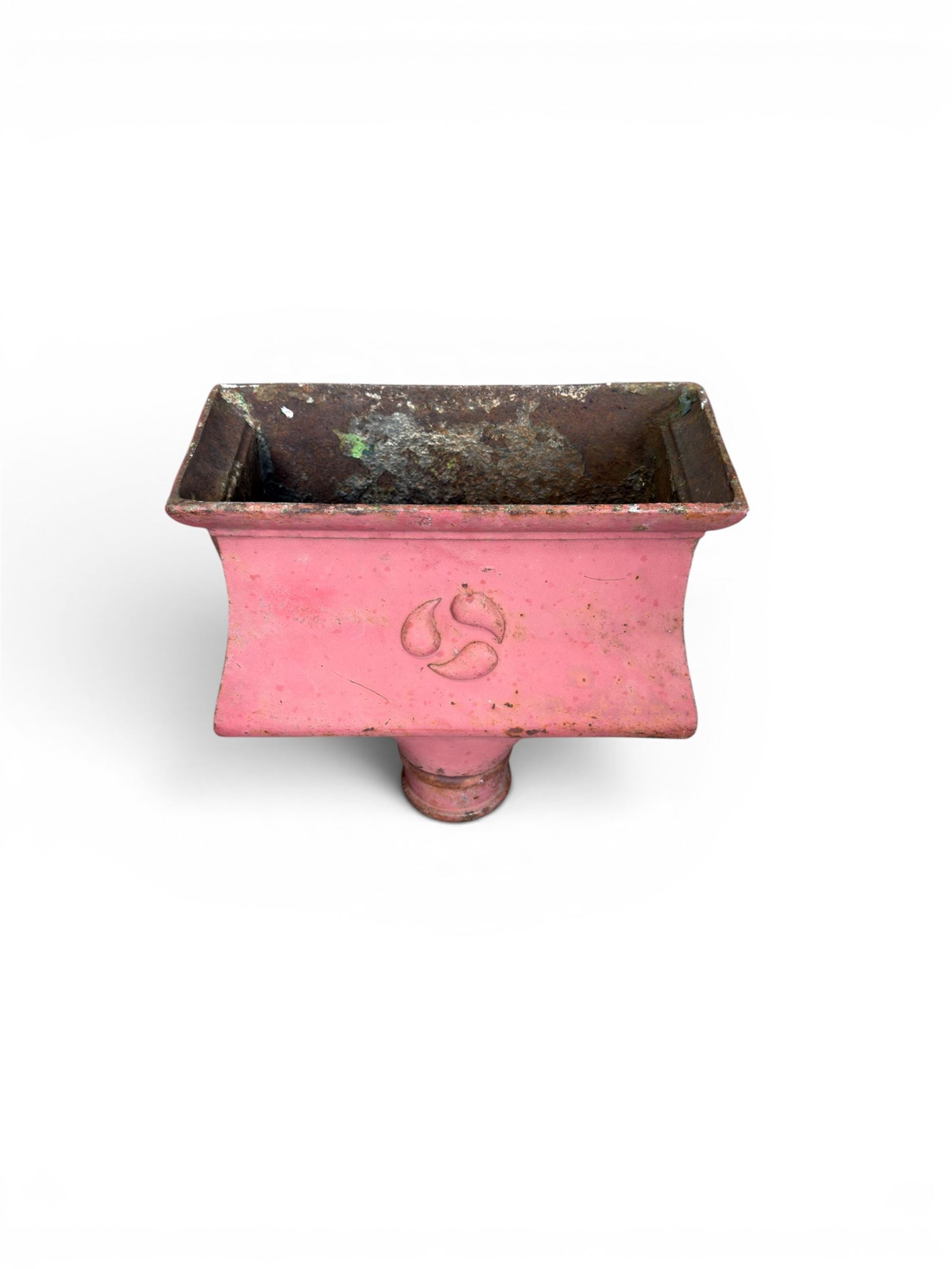Edwardian heavy cast iron rainwater hopper, with water motif, painted in pale red finish
