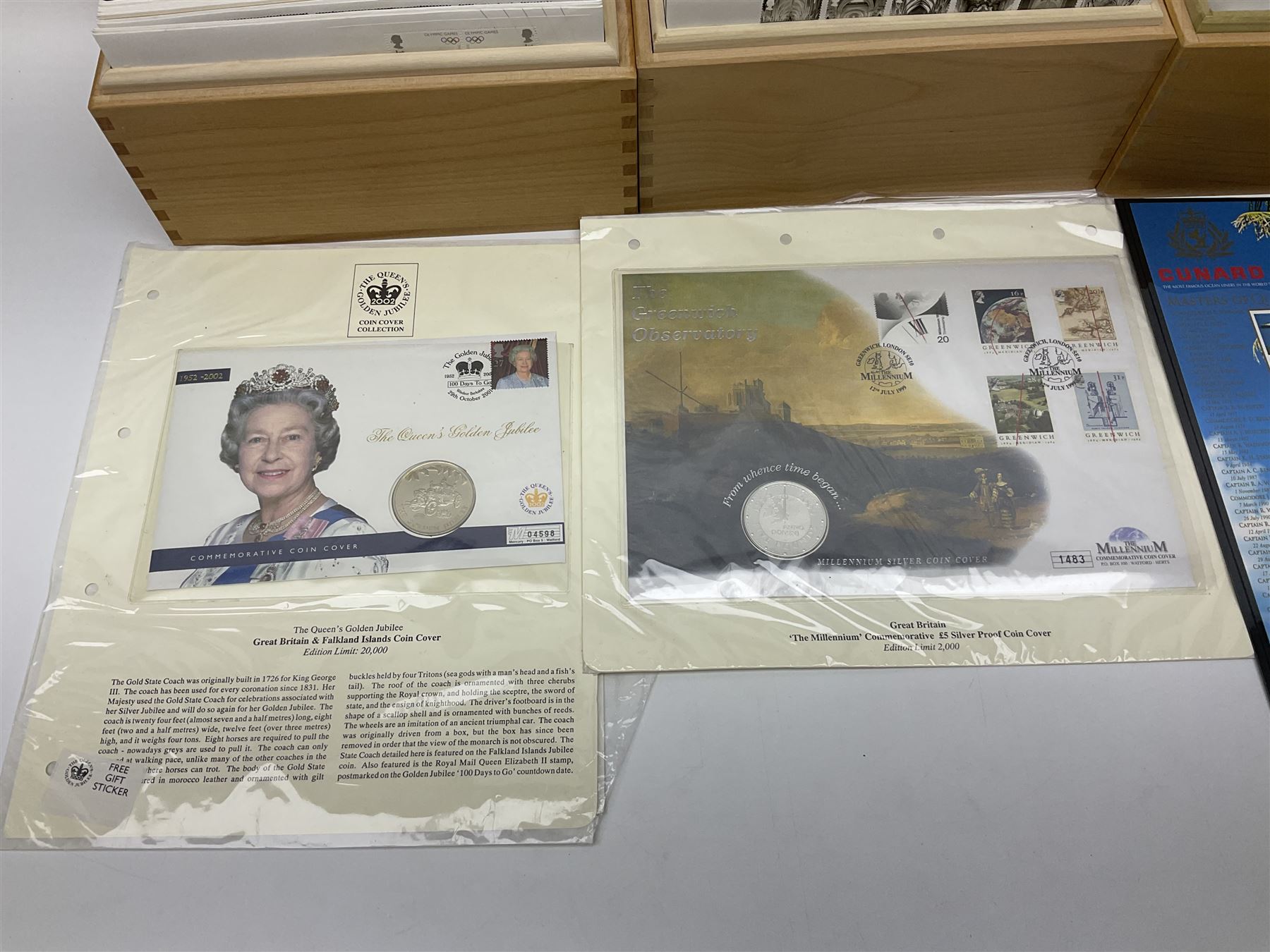 Coins and stamps, including The Royal Mint Great Britain 1970 coin set in plastic holder, 2006 'Brunel' coin cover containing two commemorative two pound coins, Alderney 2006 sterling silver proof five pounds, two 2007 five pound coins in card folders, two limited edition mint first class stamp sheets each comprised of ten first class stamps, various first day covers many with special postmarks housed in 'Royal Mail' boxes etc